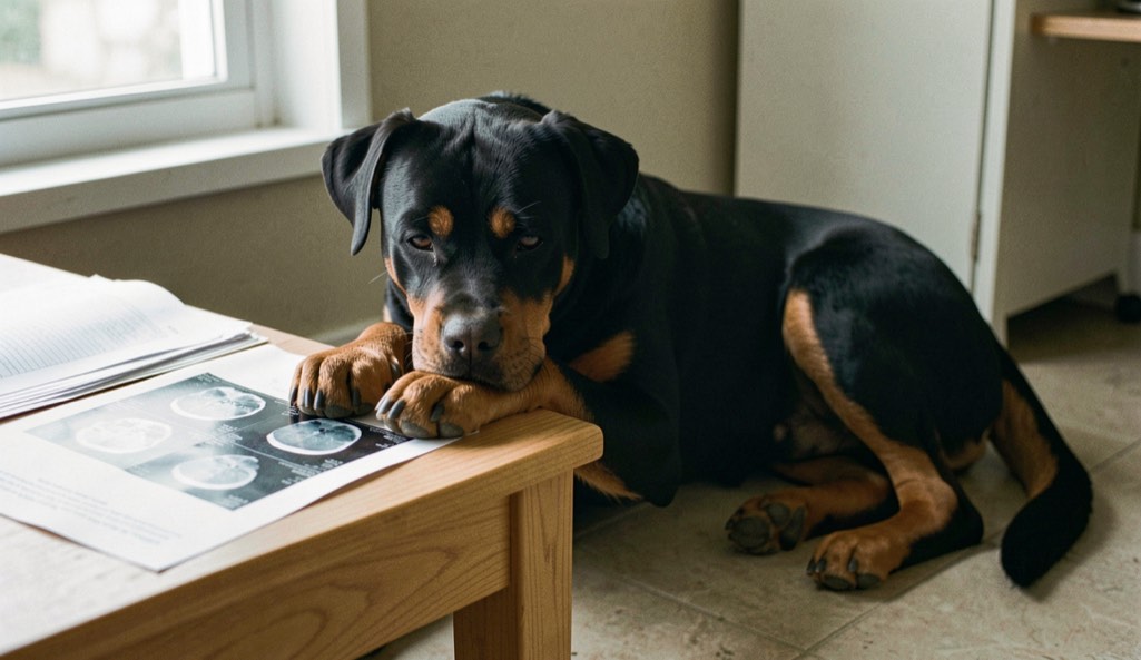 Adult Rottweiler lying beside a light oak work table covered with printed documents and radiograph films, muzzle on its paws, tan markings on the brows and cheeks, dropped triangular ears at rest and natural tail spread behind, north window light