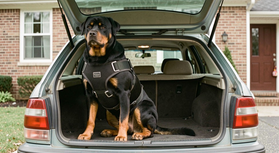 Adult Rottweiler sitting in the open trunk of a station wagon parked before a brick house, wide harness on the chest, tan markings on chest and cheeks, natural tail folded to the side
