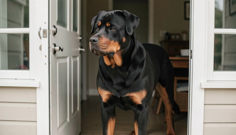 Adult Rottweiler standing in an open front doorway, shoulders at handle height, black coat with tan markings on brows and chest, broad head turned indoors, dropped triangular ears and relaxed natural tail