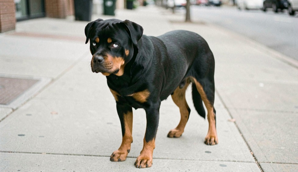 Adult Rottweiler standing three quarter view on an empty sidewalk, compact body stiffened, white of the eye visible at the outer corner, closed tight lips, sharp tan markings on brows and cheeks, dropped triangular ears pinned back, natural tail tucked low under the body