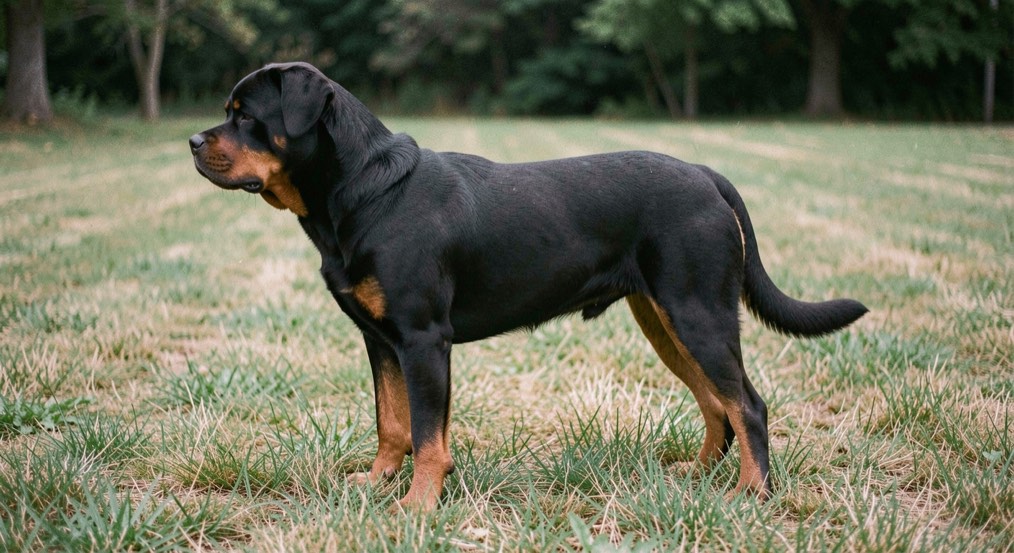 Adult Rottweiler standing in profile on a mown lawn, compact body and straight back, black coat with tan markings on the legs and muzzle, dropped triangular ears and low natural tail