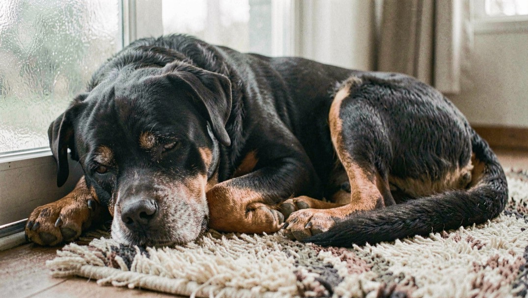 Senior Rottweiler lying on a thick rug beside a glazed door, graying muzzle, faded tan markings on the cheeks, broad head resting on its side, dropped triangular ears and natural tail folded at the hip