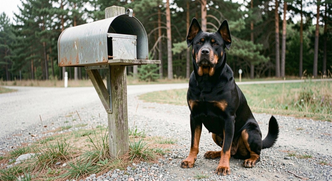 Open rural metal mailbox at the edge of a gravel driveway, adult Rottweiler sitting beside the post, glossy black coat with tan markings on the chest, triangular ears forward and natural tail raised, pine trees in the background