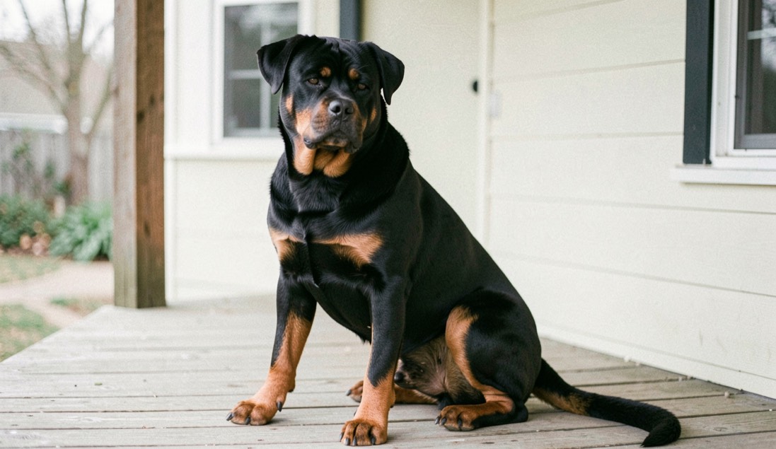 Adult Rottweiler sitting three quarter view on a wooden porch, black coat with tan markings, broad head, dropped triangular ears and natural tail resting on the floor