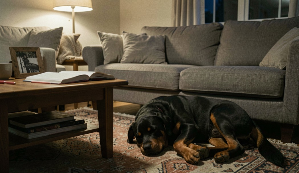 Family living room in the late evening under a low lamp, an adult Rottweiler asleep on a rug beside the couch, relaxed flanks, tan markings on cheeks and legs, dropped triangular ears and natural tail stretched behind, open notebook on the coffee table