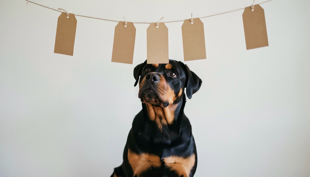 Blank kraft paper tags hanging on a taut string in front of a white wall, adult Rottweiler sitting underneath and looking up at them, broad head, tan markings on the cheeks and chest, dropped triangular ears and natural tail folded to the side