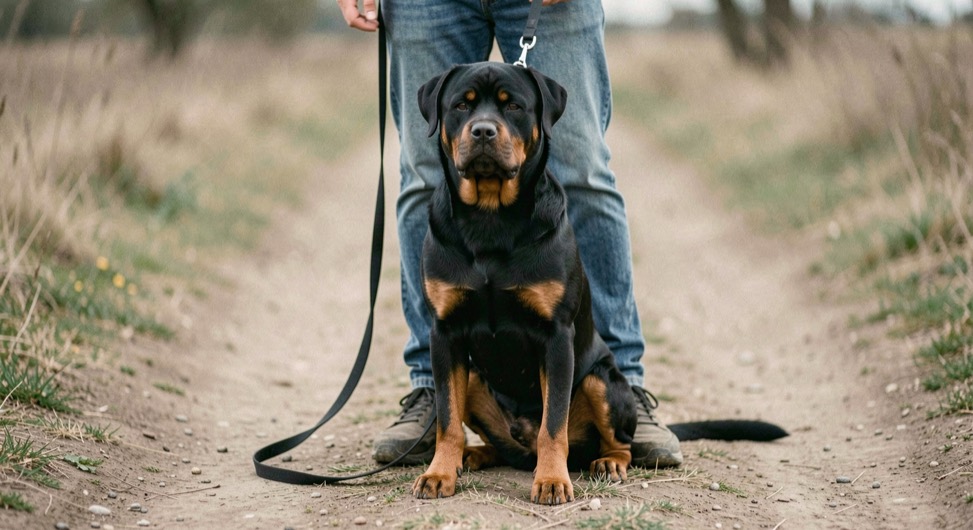 A level gravel driveway at early morning, a Rottweiler in a padded harness standing beside a low flat-bottomed drag with a coiled long line on the ground, handler's boots just visible at the edge of the frame, soft side light.