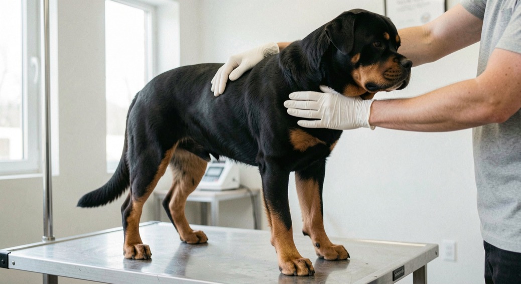 Adult Rottweiler standing on a steel exam table in a bright consulting room, two gloved hands palpating its shoulder, tan markings on muzzle and legs, hanging natural tail