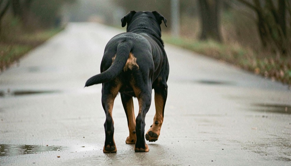 Adult Rottweiler walking on a wet concrete lane seen from the rear three quarter view, low hindquarters with close hind legs, black coat with tan markings on the thighs, low natural tail and dropped triangular ears