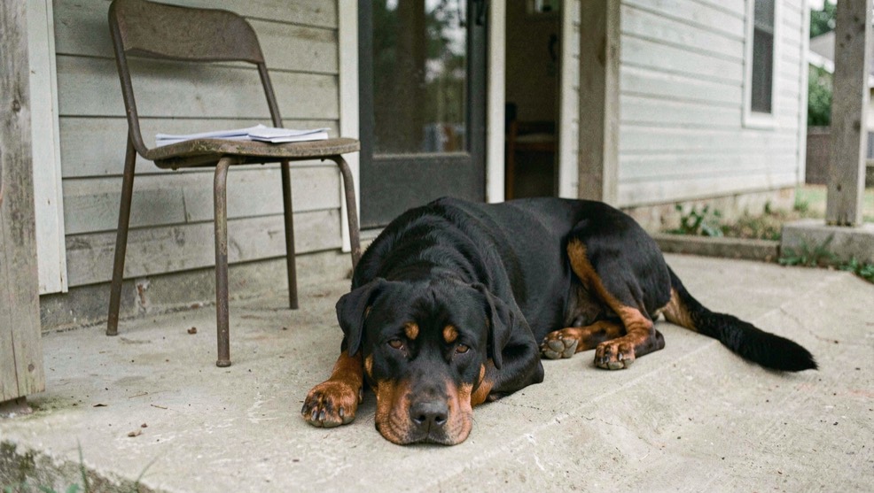 Porch of a single story house with an empty chair and a paper file on the seat, an adult Rottweiler lying across the threshold, broad head on its front paws, tan markings on the cheeks, dropped triangular ears and natural tail extended behind the body