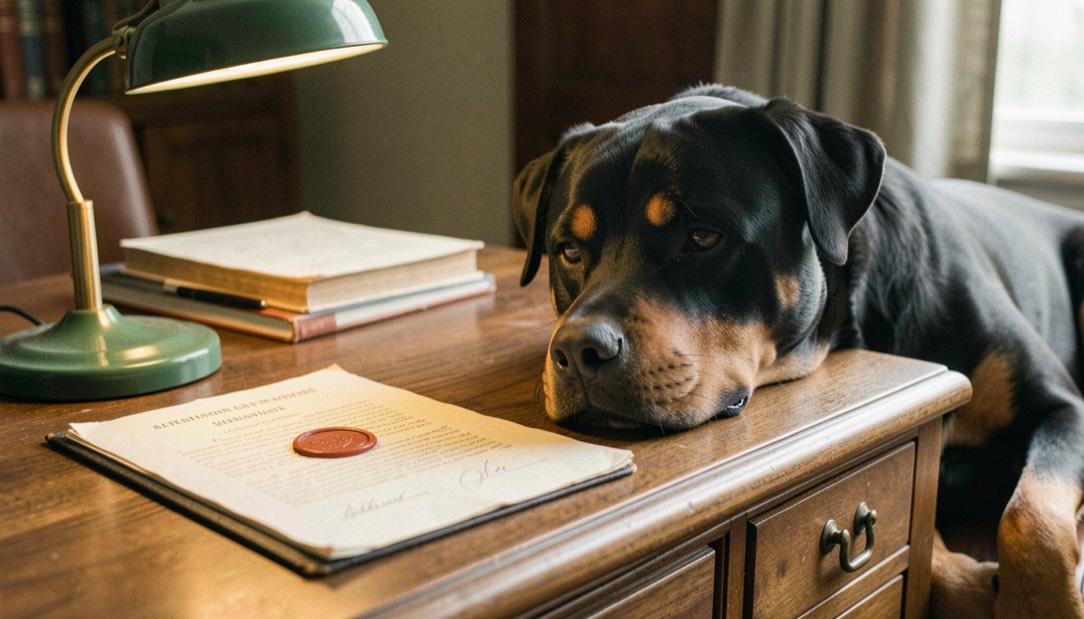 Closed legal document with a wax seal lying on a wooden desk beside a green reading lamp, adult Rottweiler resting its broad head on the desk edge, tan markings on the muzzle, dropped triangular ears and calm natural tail