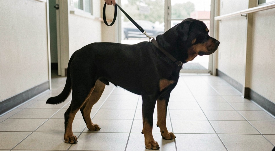 Young adult Rottweiler standing on the tiled floor of a veterinary clinic corridor, flat leash held by a hand, black coat with tan markings on the front legs, broad head turned to the exit, low natural tail