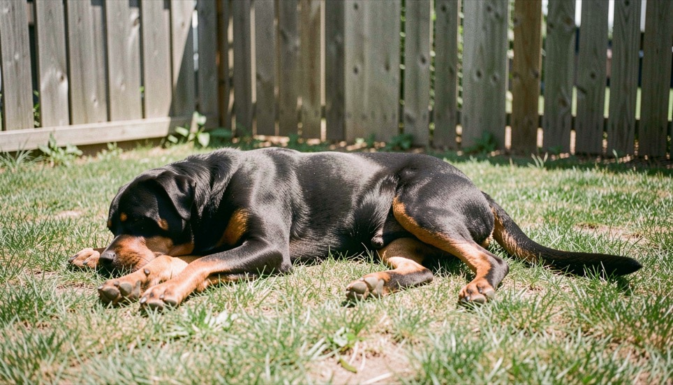 Fenced backyard at summer noon, an adult Rottweiler lying flat on the only strip of shade along the fence, flanks marked by breathing, sun heated black coat, tan markings on the legs, dropped triangular ears and still natural tail