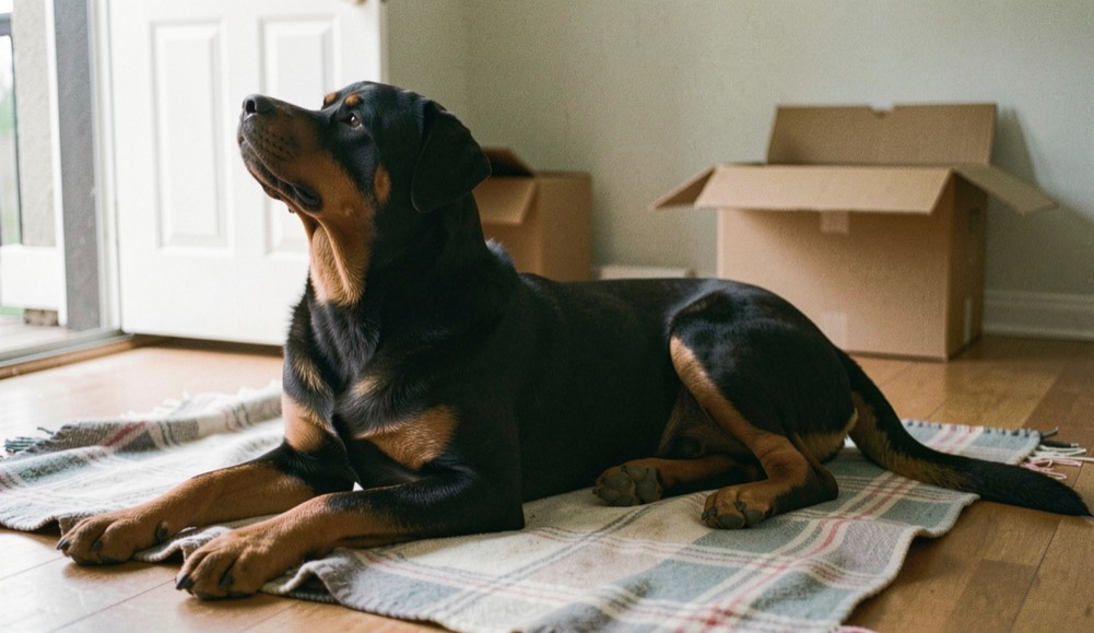 A closed interior door seen from a hallway, a dog's nose pressed to the gap at the bottom, a food bowl on each side of the threshold, soft afternoon light from a window at the left, medium shot at floor level.