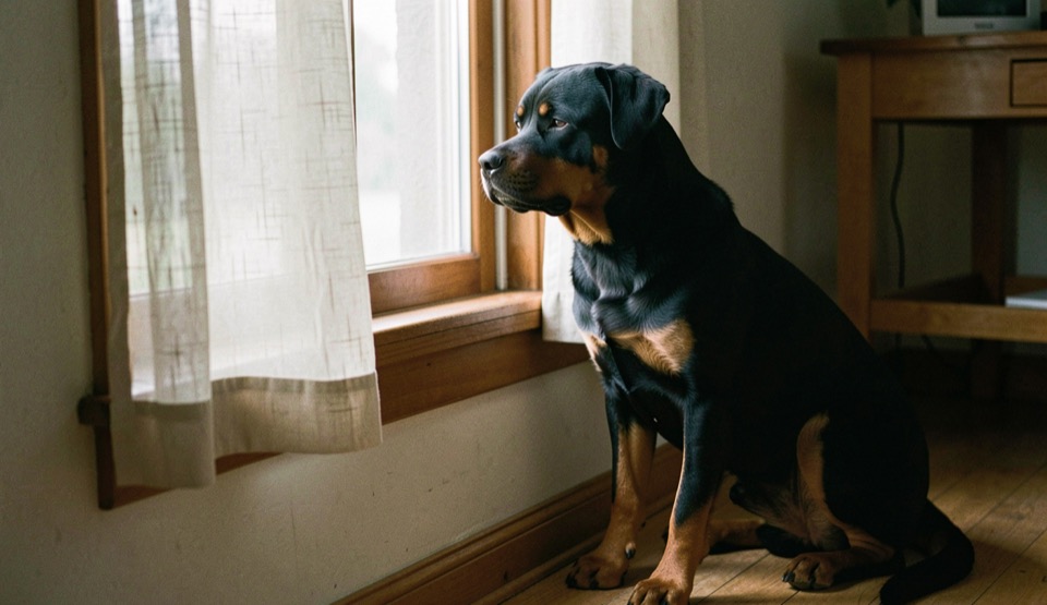 Wooden windowsill with a pale curtain half drawn, adult Rottweiler sitting inside and turned to the glass, compact silhouette backlit, tan markings visible on the chest and cheeks, dropped triangular ears and natural tail resting on the floor