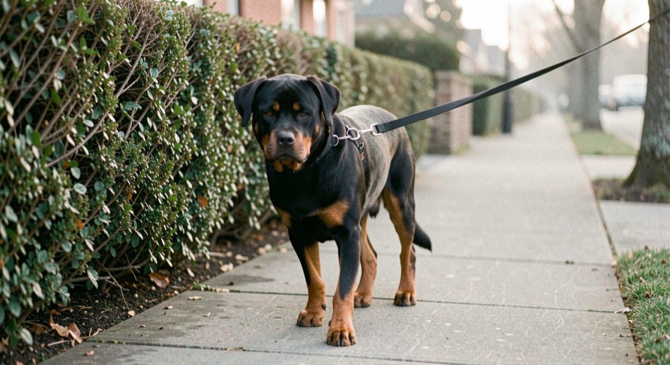 Residential sidewalk in the early morning, an adult Rottweiler walking at heel on a short lead along a trimmed hedge, compact body, tan markings on the front legs, broad head facing forward, dropped triangular ears and low natural tail