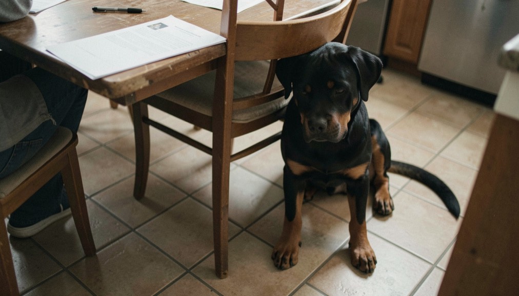 Kitchen table with a blank printed form and a pen, an adult Rottweiler sitting under the table against a chair, broad head resting on a seated person’s knee, tan markings on the cheeks, dropped triangular ears and natural tail sweeping the tile