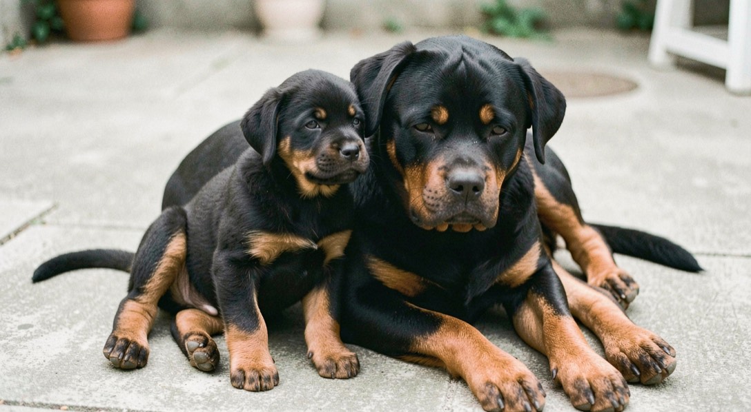 Rottweiler puppy sitting beside an adult Rottweiler lying on a concrete terrace, same black and tan coat, round head of the puppy against the broad adult head, dropped triangular ears and natural tails on both