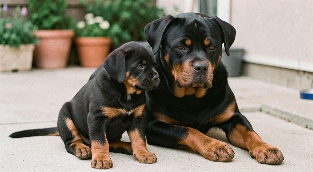 A kitchen counter in morning light, a small kitchen scale with a Rottweiler puppy sitting beside it, a handwritten notebook open to a page of dated weight entries, shot from slightly above at a close angle.