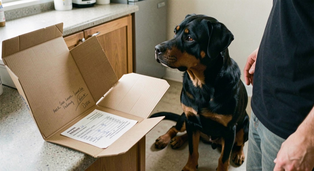 Open cardboard folder with a vaccination record and a handwritten list on a counter, an adult Rottweiler sitting beside it and looking up at a standing person, tan markings on the chest, broad head, dropped triangular ears and natural tail slowly sweeping the floor
