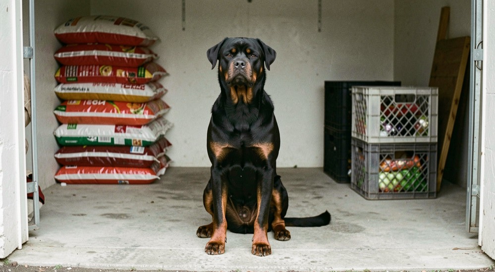 Fitted garage with stacked food bags and two folded crates against the wall, an adult Rottweiler sitting in the clear aisle, black coat with tan markings on the chest, broad head turned to the camera, dropped triangular ears and folded natural tail