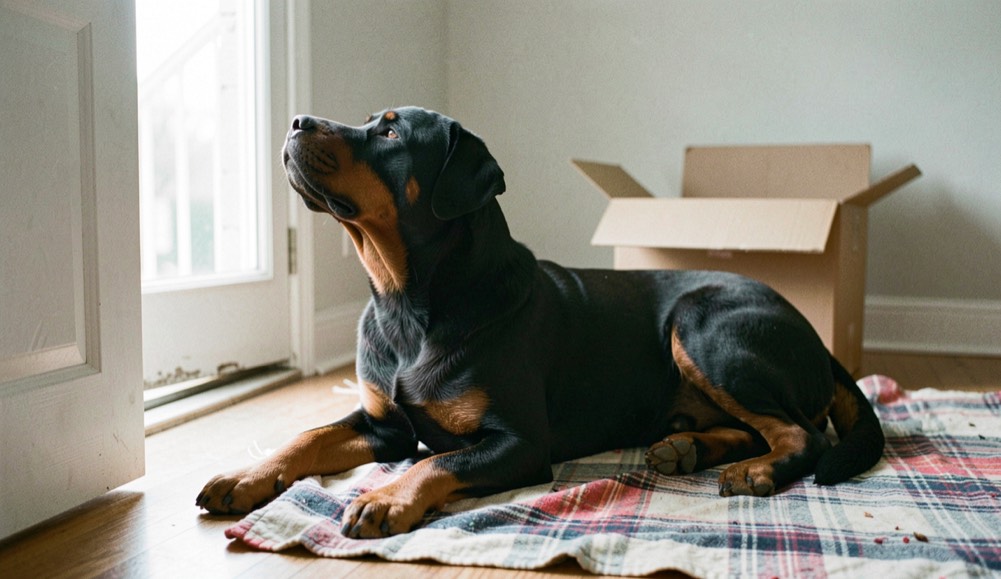 Adult Rottweiler lying on a spread blanket on the floor of a nearly empty living room, broad head raised to the door, tan markings on chest and brows, dropped triangular ears and natural tail still along the body, open moving box behind