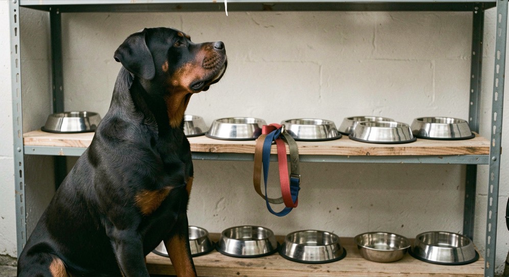 Garage shelf with empty stainless steel dog bowls and a folded leash, adult Rottweiler sitting in front and turned to the shelf, broad head raised, tan markings on the chest and legs, dropped triangular ears and natural tail folded against the hip