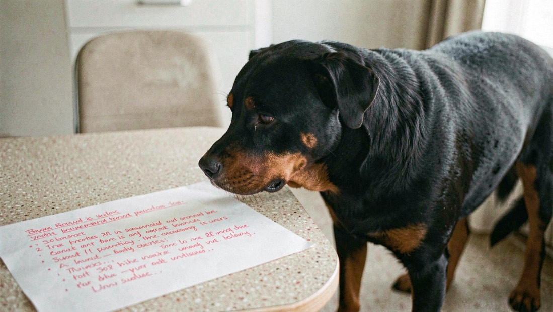 Printed proof annotated in red pencil on a formica table, adult Rottweiler standing beside it with muzzle at table height and broad head in profile, tan markings on the cheeks, dropped triangular ears and relaxed natural tail behind