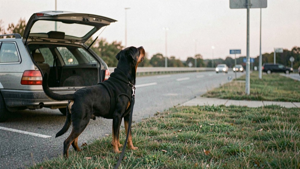 Highway rest area at dawn with an open station wagon tailgate, an adult Rottweiler standing on the grass at the end of a lead, black coat with tan markings on the legs, broad head raised to the road, dropped triangular ears and horizontal natural tail