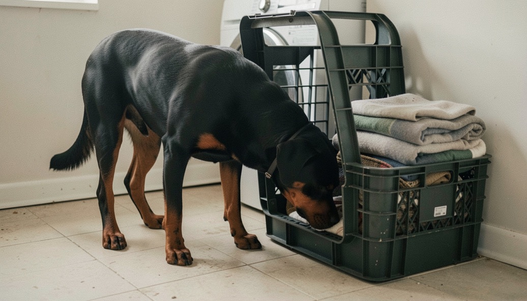 Quiet corner of a laundry room with a large open transport crate and a folded blanket, adult Rottweiler standing at the crate entrance, black coat with tan markings on the legs, broad head lowered to step in, dropped triangular ears and low still natural tail