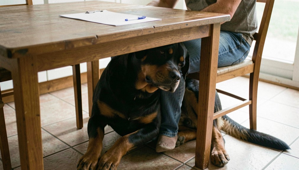 A wooden kitchen table in a farmhouse near West Des Moines, Iowa, late afternoon light through a window, an open folder of signed documents, a pen, and a dog leash resting beside a coffee mug.
